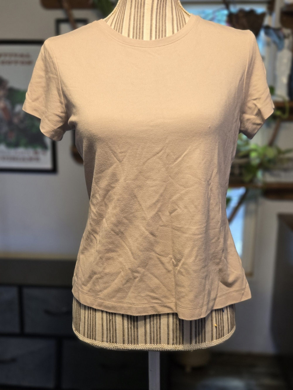 Adrienne Vittadini Short Sleeve Crewneck Tee - Light Tan